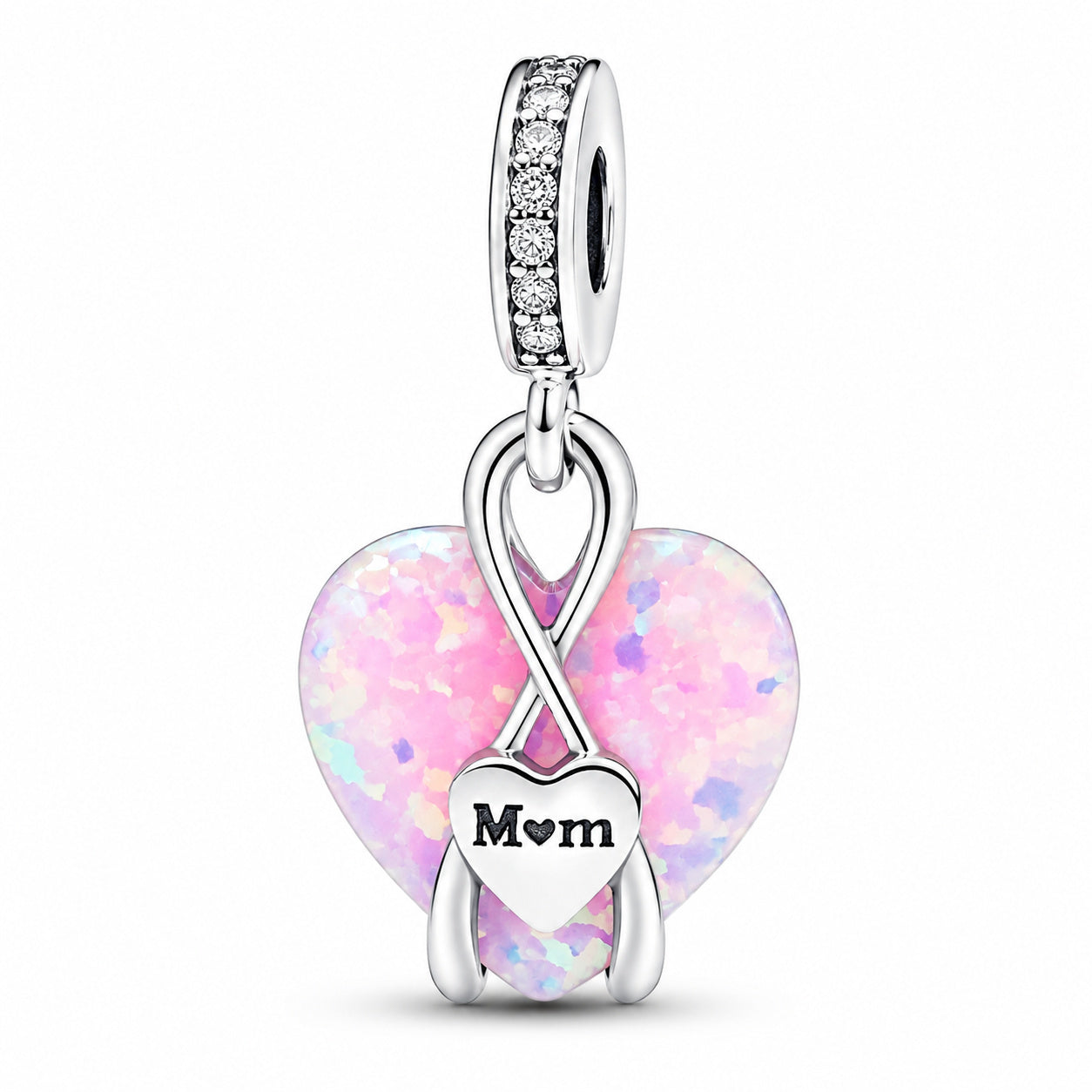 Mum Opalescent Heart Dangle Charm Hallmarked S925 Sterling Silver