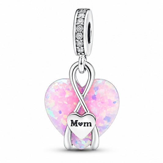 Mum Opalescent Heart Dangle Charm Hallmarked S925 Sterling Silver