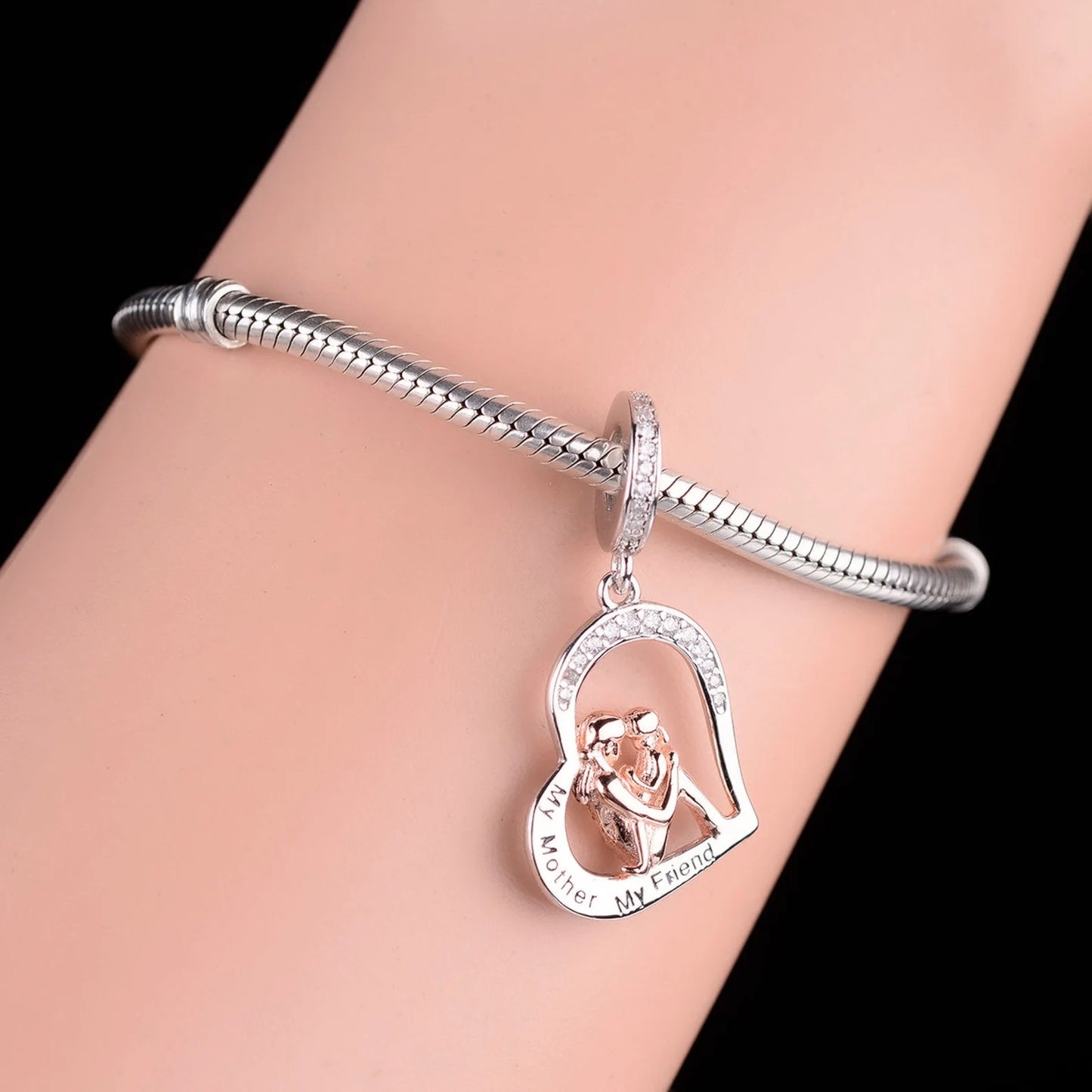 My Mother My Friend Dangle Heart Bracelet Charm Hallmarked S925 Sterling Silver