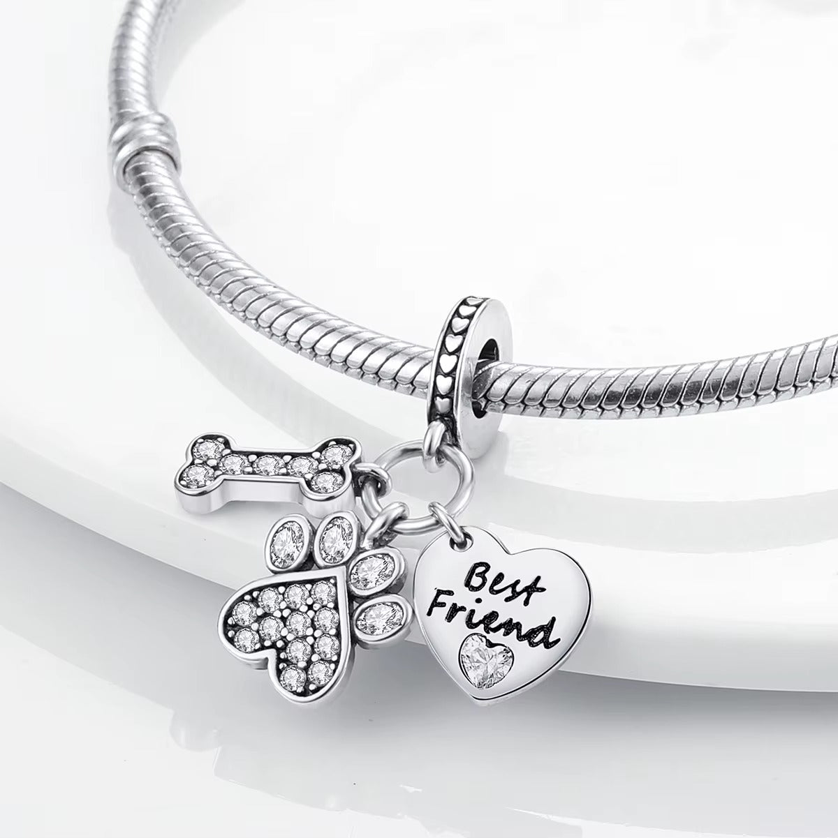 Dog Bone Paw Print Best Friend Charm Hallmarked S925 Sterling Silver