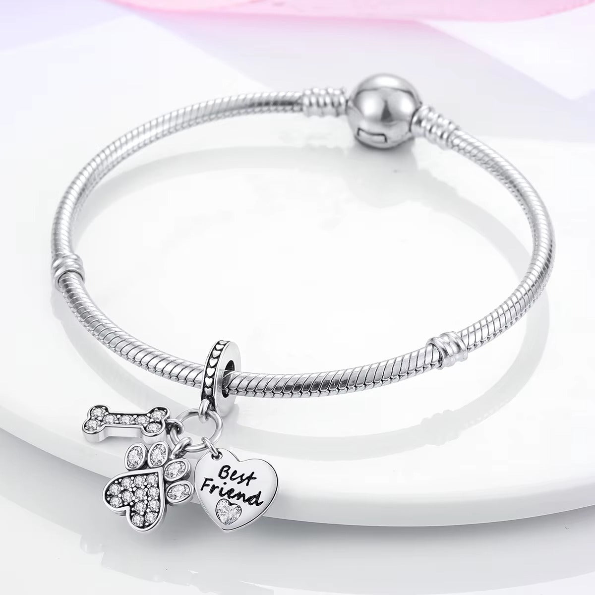Dog Bone Paw Print Best Friend Charm Hallmarked S925 Sterling Silver