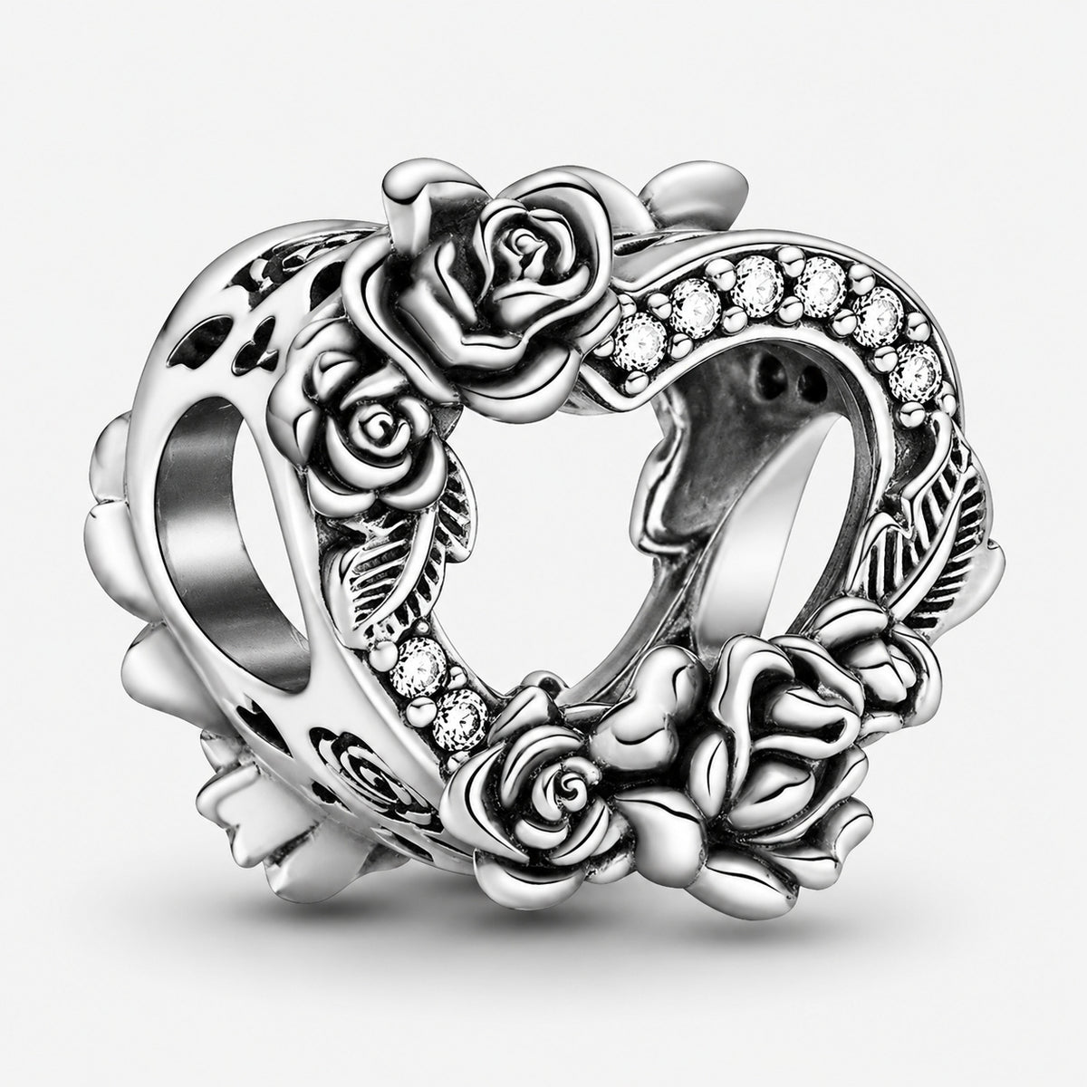 Open Heart & Rose Flower Charm S925 Sterling Silver
