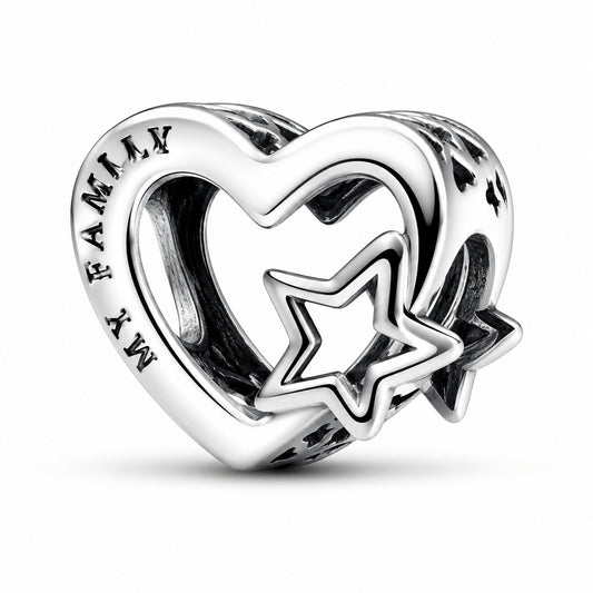 Openwork Family Heart & Star Charm Hallmarked S925 Sterling Silver
