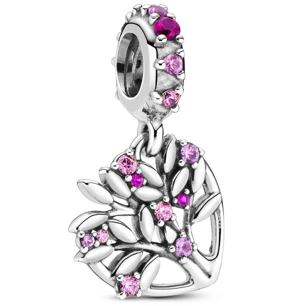 Pink Heart Family Tree Dangle Charm Hallmarked S925 Sterling Silver