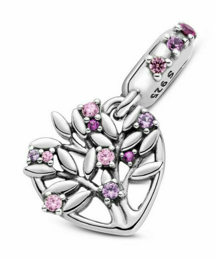 Pink Heart Family Tree Dangle Charm Hallmarked S925 Sterling Silver