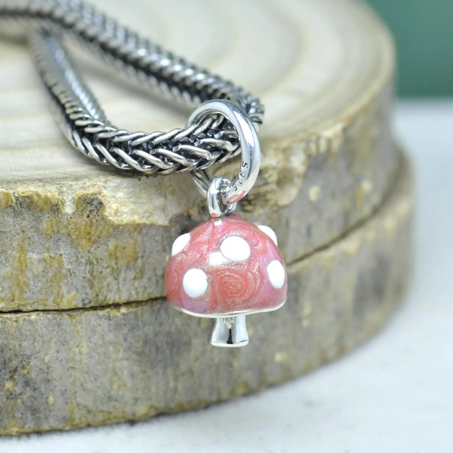 Glow-in-the-Dark Mushroom Dangle Charm Hallmarked S925 Sterling Silver