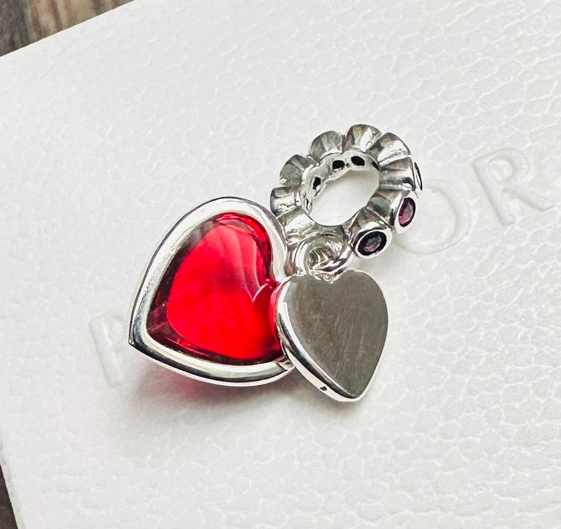Red Murano Glass Heart Double Dangle Charm Hallmarked S925 Sterling Silver