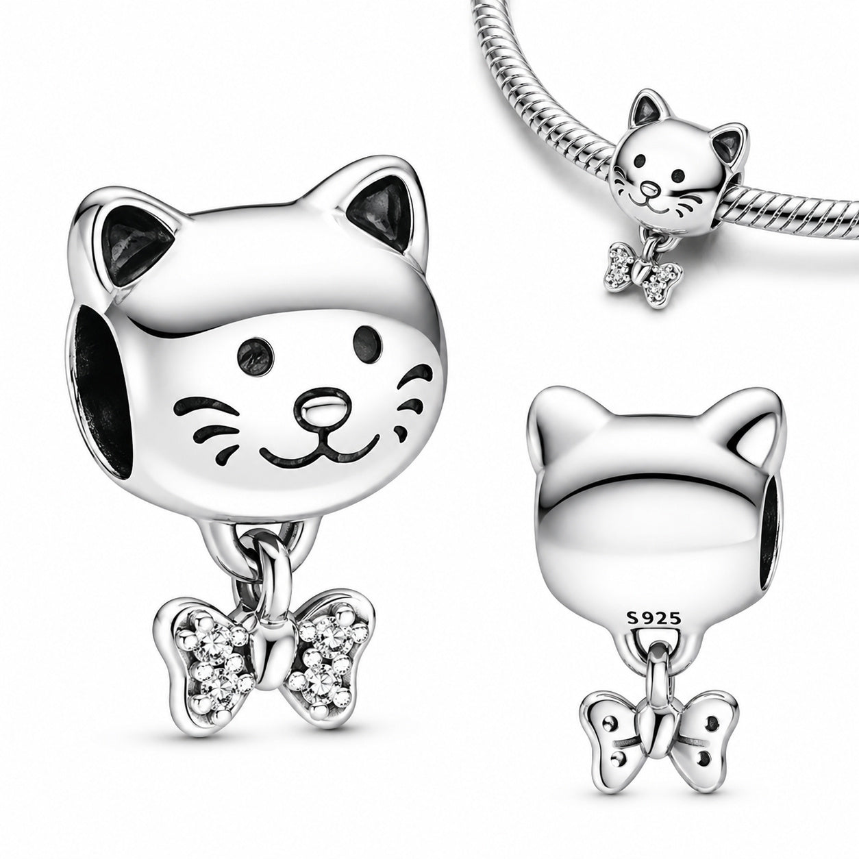 Pet Cat & Bow Charm S925 Sterling Silver
