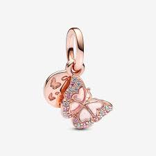 Pink Butterfly & Quote Double Dangle Charm Hallmarked S925 Sterling Silver