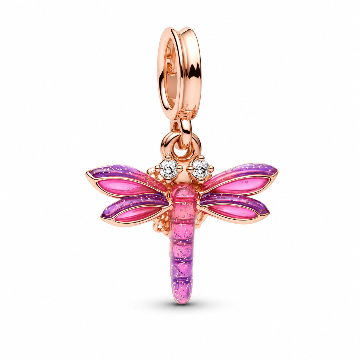 Pink Dragonfly Double Dangle Charm Hallmarked S925 Sterling Silver