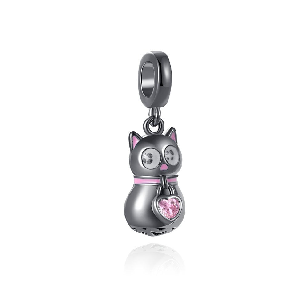 Pink Heart Black Cat Charm Hallmarked S925 Sterling Silver