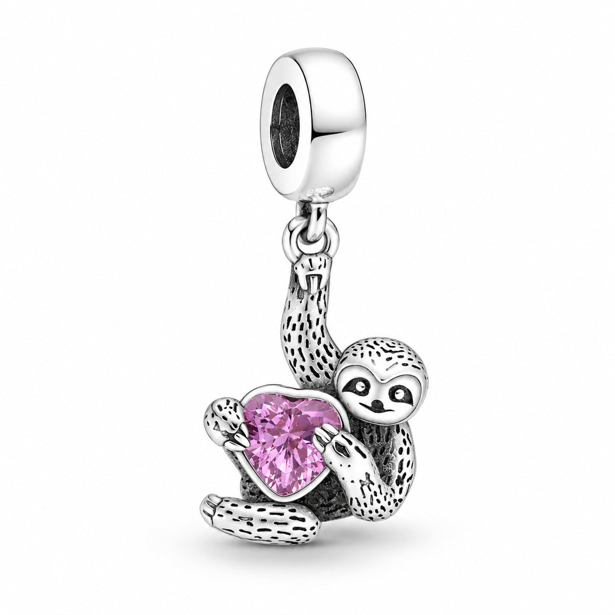 Pink Heart Hanging Sloth Dangle Charm Hallmarked S925 Sterling Silver