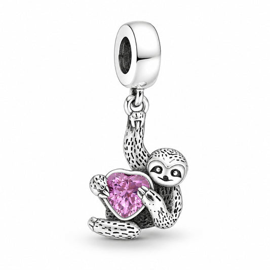 Pink Heart Hanging Sloth Dangle Charm Hallmarked S925 Sterling Silver