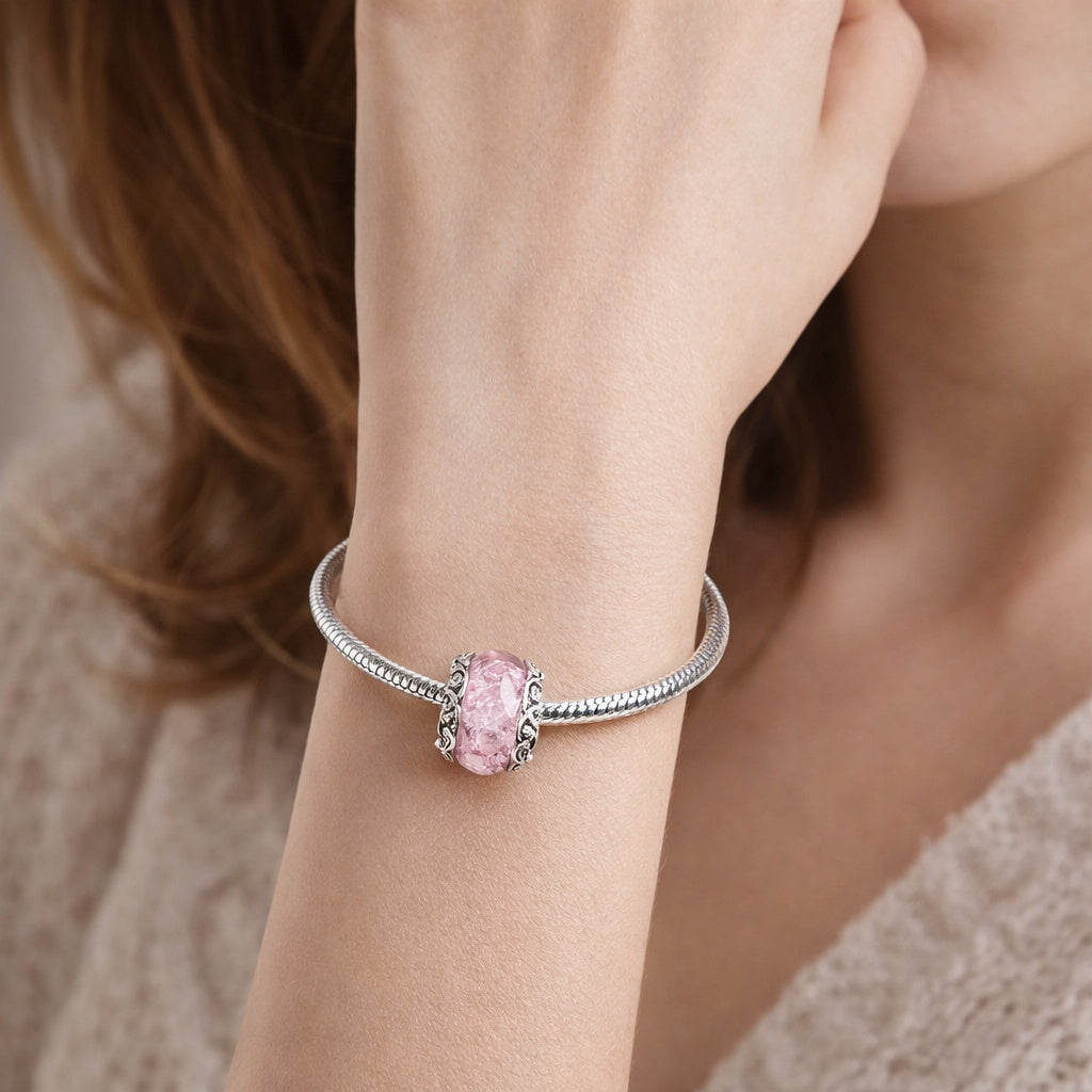 Pink Mini Murano Glass Bead Charm Hallmarked S925 Sterling Silver
