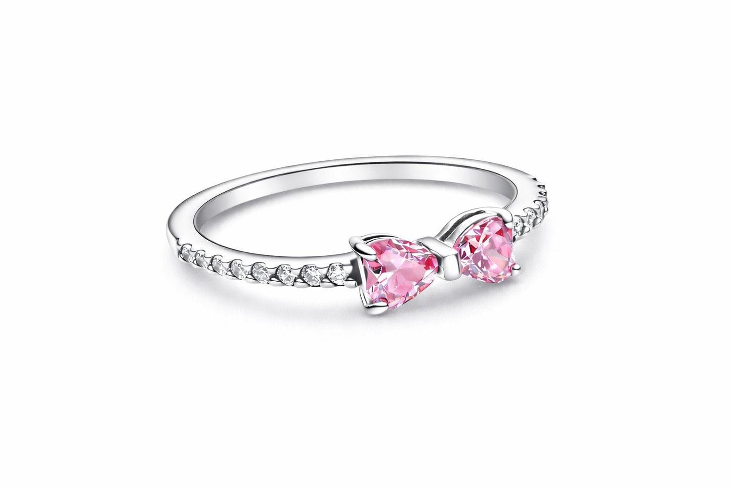 Sparkling White Radiant Bridgerton Pink Bow Ring Sterling Silver Ring