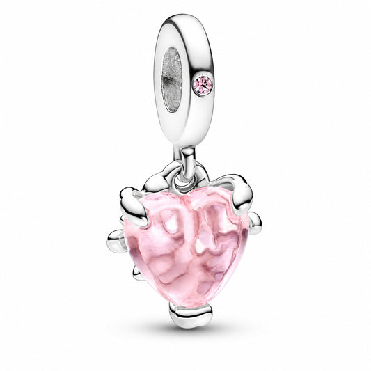 Pink Family Tree & Heart Dangle Charm Hallmarked S925 Sterling Silver