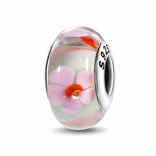 Pink Floral Murano Glass Charm Hallmarked S925 Sterling Silver