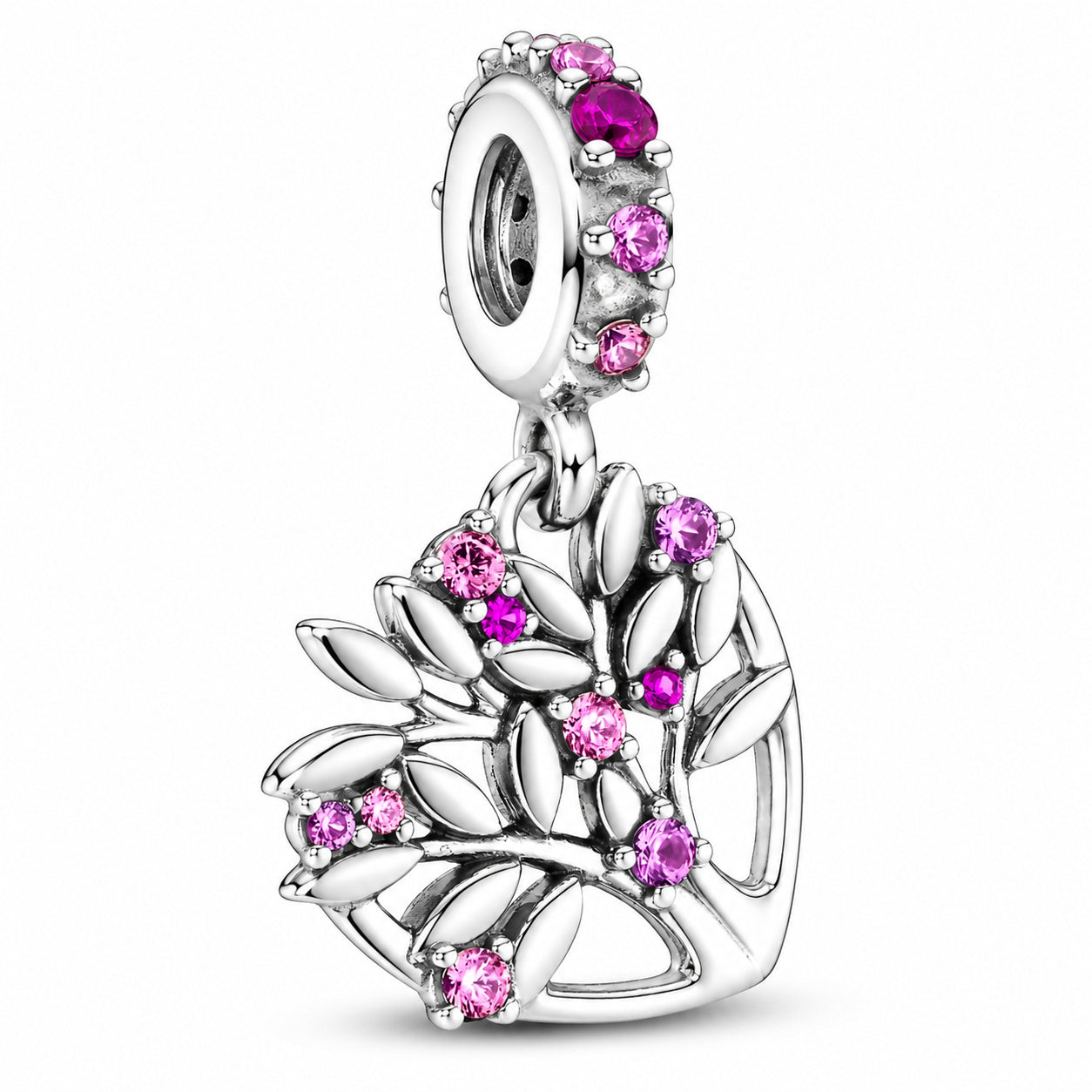 Pink Heart Family Tree Dangle Charm Hallmarked S925 Sterling Silver