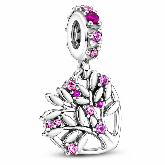 Pink Heart Family Tree Dangle Charm Hallmarked S925 Sterling Silver