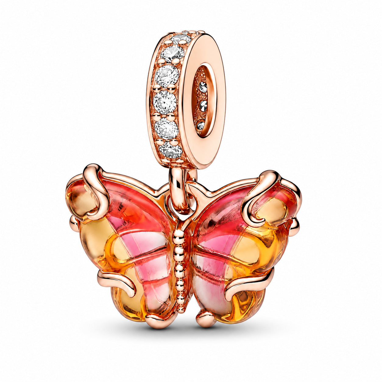 Pink & Yellow Murano Glass Butterfly Dangle Charm S925 Sterling Silver
