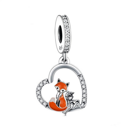 Prince & Fox Heart Dangle Charm Hallmarked S925 Sterling Silver