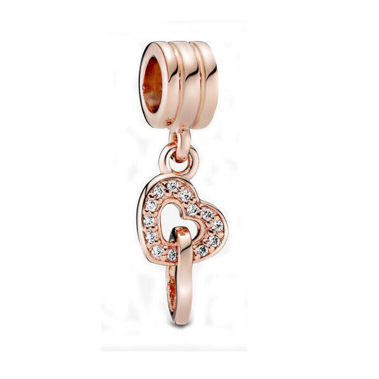 Rose Gold Interlockings Hearts Dangle Charm S925 Hallmarked Compatible Sterling Silver Charm