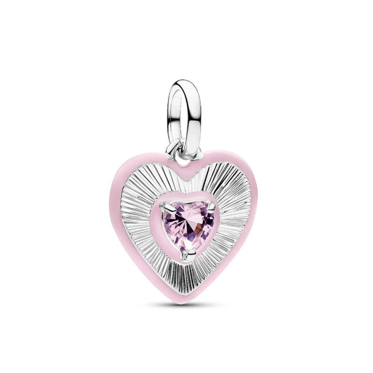 Radiating Pink Heart Medallion Charm Hallmarked S925 Sterling Silver