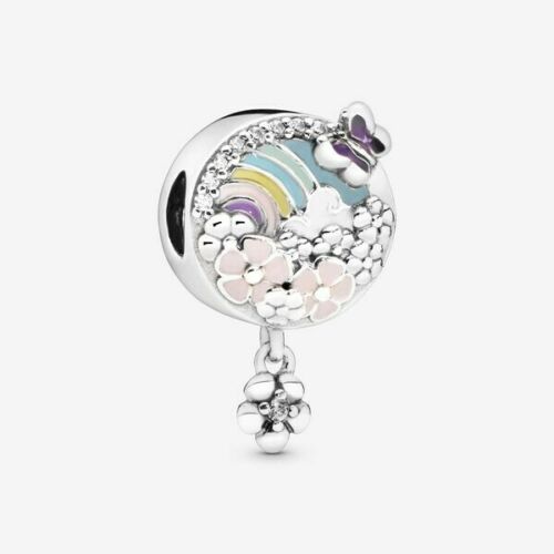 Rainbow & Flower Dangle Charm Hallmarked S925 Sterling Silver