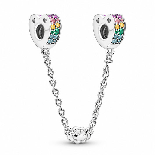 Rainbow Pave Heart Safety Chain Charm Hallmarked S925 Sterling Silver