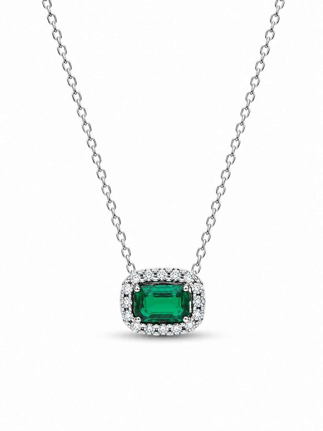 Rectangular Sparkling Green Halo Necklace Pendant Hallmarked S925 Sterling Silver