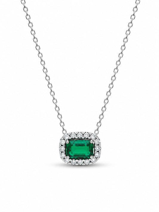 Rectangular Sparkling Green Halo Necklace Pendant Hallmarked S925 Sterling Silver