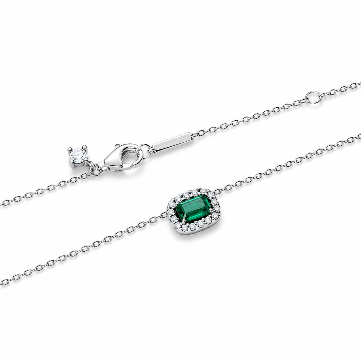 Rectangular Sparkling Green Halo Necklace Pendant Hallmarked S925 Sterling Silver