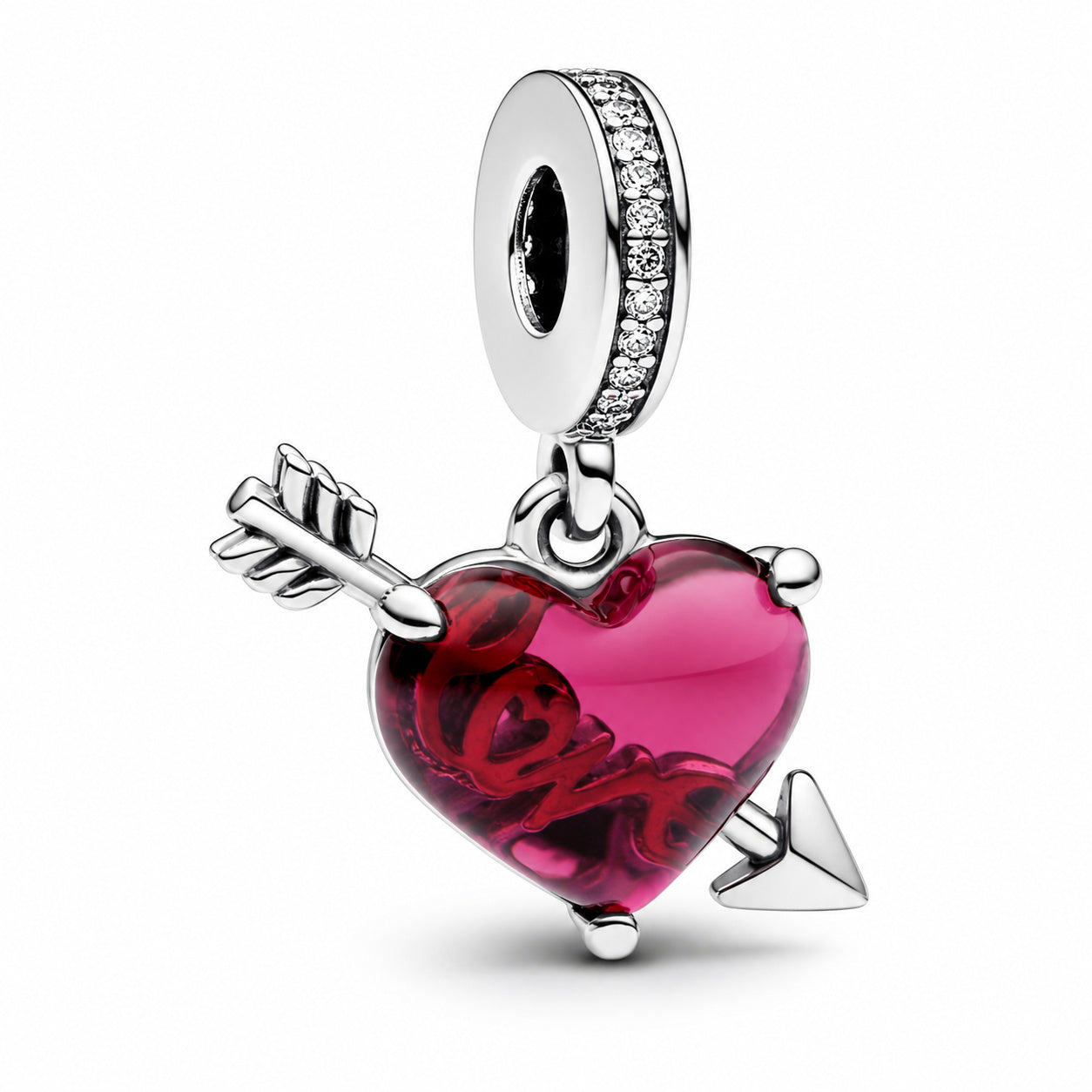 Red Heart & Arrow Murano Glass Dangle Charm Hallmarked S925 Sterling Silver