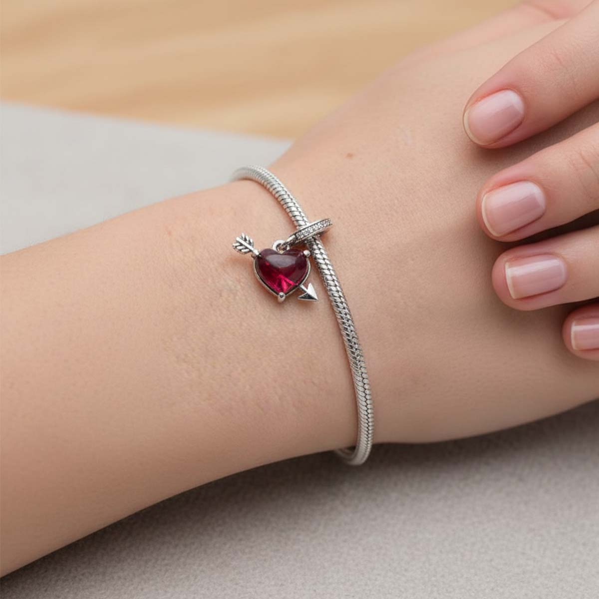 Red Heart & Arrow Murano Glass Dangle Charm Hallmarked S925 Sterling Silver