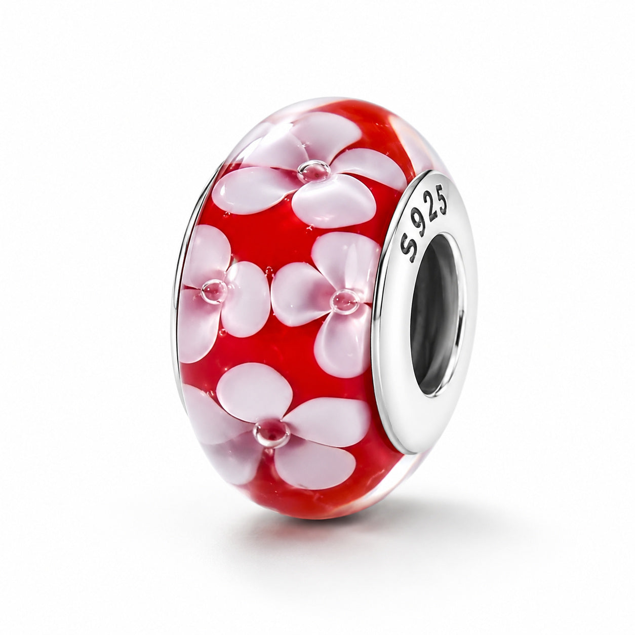 Red Murano Glass Cherry Blossom Charm Hallmarked S925 Sterling Silver