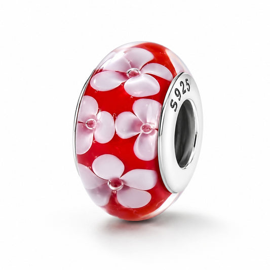 Red Murano Glass Cherry Blossom Charm Hallmarked S925 Sterling Silver