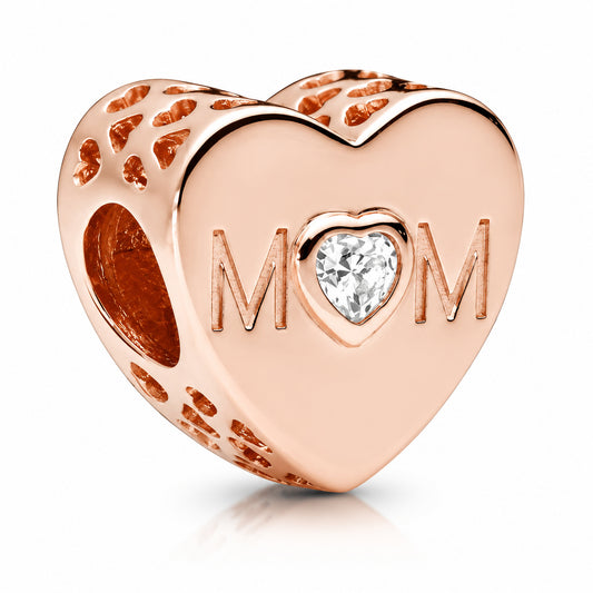 Rose Gold Mom Heart Charm Hallmarked S925 Sterling Silver