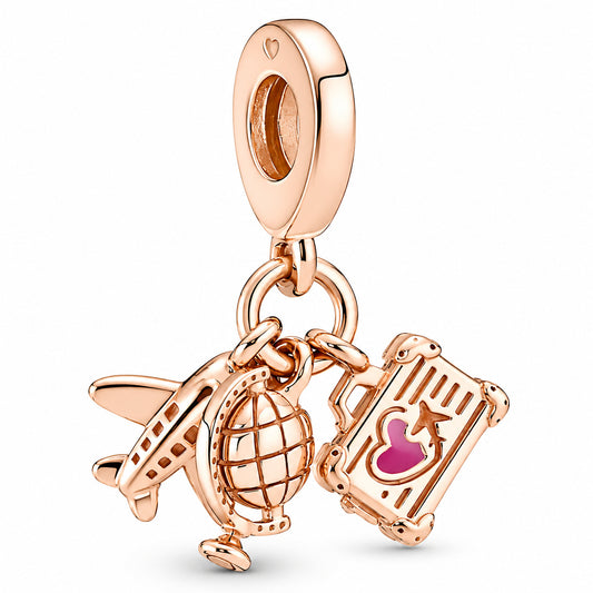 Rose Gold Plane, Globe & Suitcase Triple Dangle Charm S925 Sterling Silver