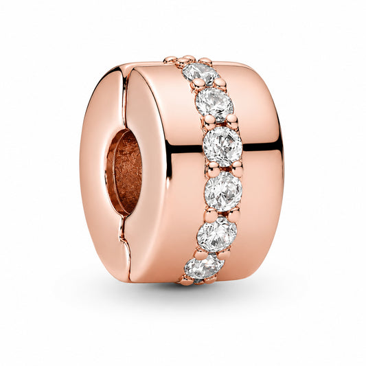 Rose gold Sparkling clear Row clip Charm Hallmarked S925 Sterling Silver