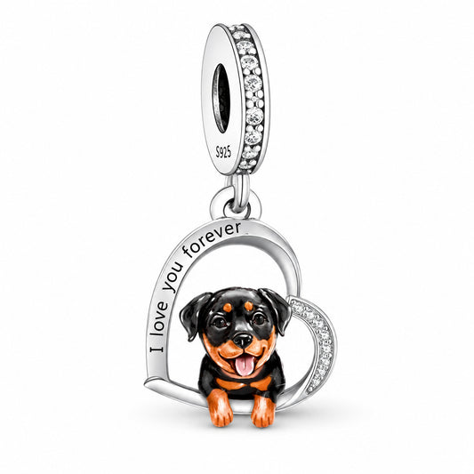 Rottweiler Realistic Dog I Love You Forever Dangle Charm Hallmarked S925 Sterling Silver