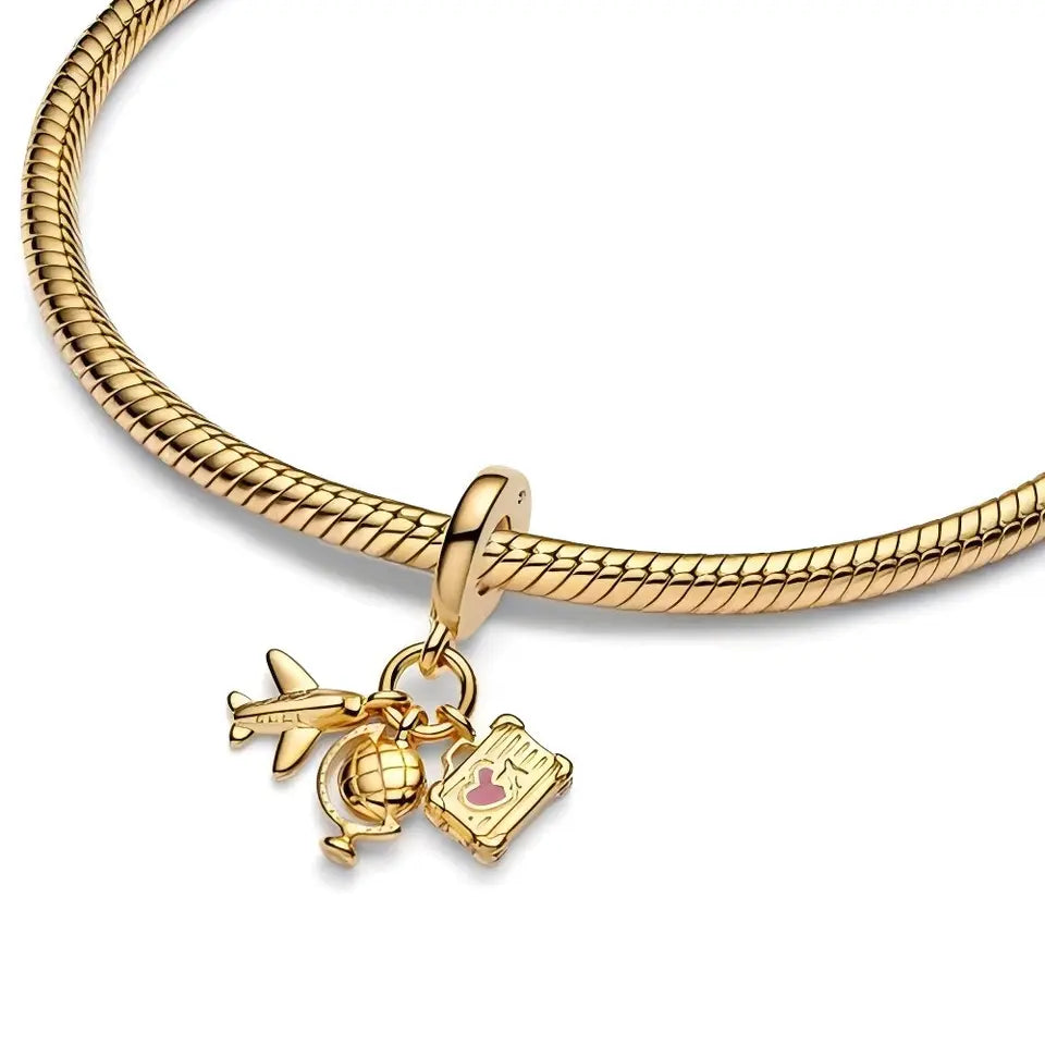 Golden Airplane, Globe & Suitcase Travel Dangle Charm Hallmarked S925 Sterling Silver