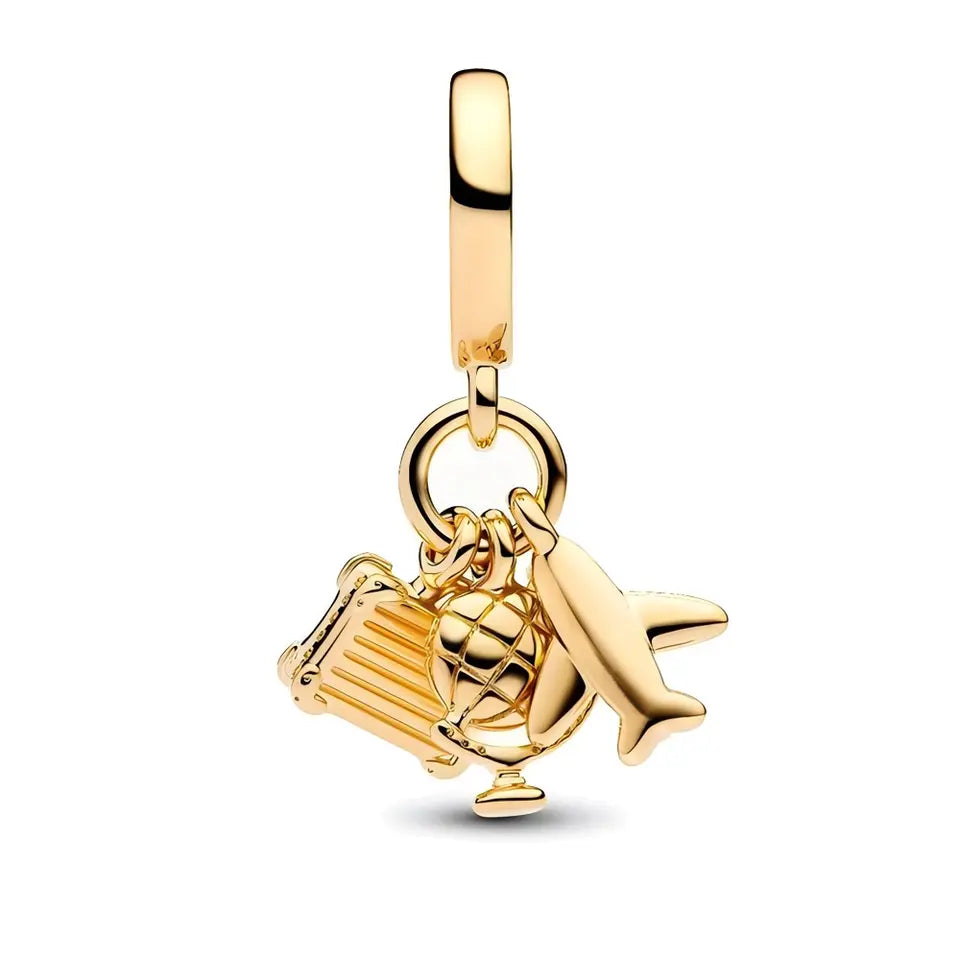 Golden Airplane, Globe & Suitcase Travel Dangle Charm Hallmarked S925 Sterling Silver