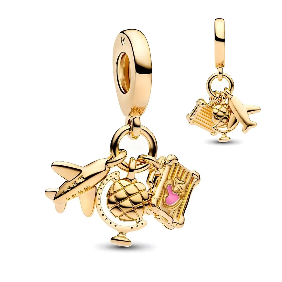 Golden Airplane, Globe & Suitcase Travel Dangle Charm Hallmarked S925 Sterling Silver