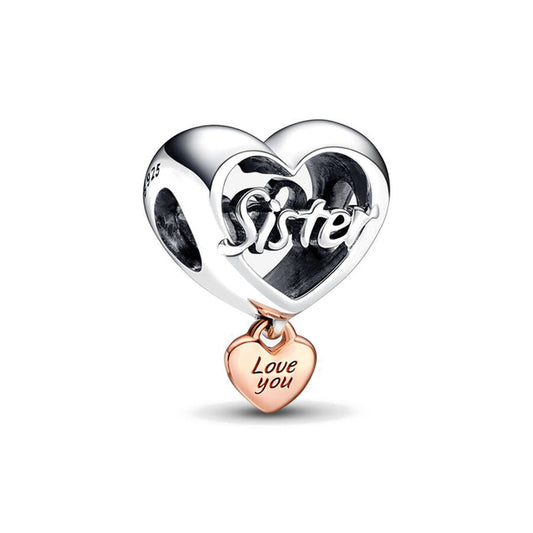 Love You Sister Heart Charm Hallmarked S925 Sterling Silver