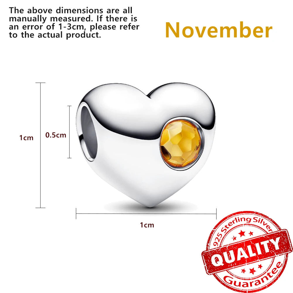 Birthstone Hearts Bracelet Charm Hallmarked S925 Sterling Silver