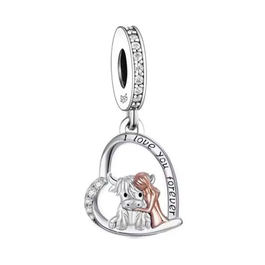 Girl & Scottish Highland Cow Dangle Charm Hallmarked S925 Sterling Silver