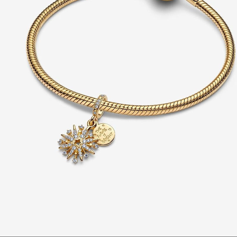 Sparkling Fireworks Double Dangle Golden Charm Hallmarked S925 Sterling Silver