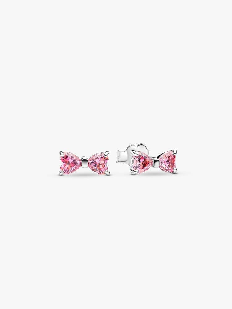 Sparkling Pink Bow Sterling Silver Stud  Earrings