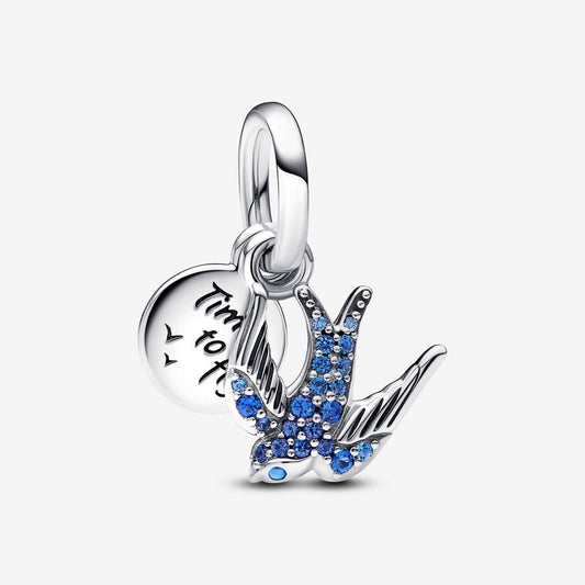 Sparkling Swallow & Quote Double Dangle Charm Hallmarked S925 Sterling Silver