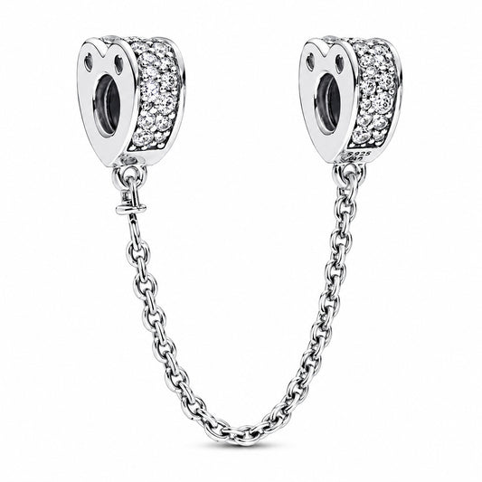 Sparkling Arc of Love Clear Pave Heart Safety Chain Charm Hallmarked S925 Sterling Silver